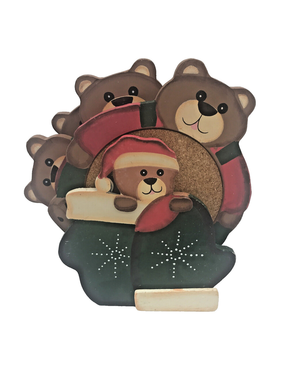 Christmas Teddy Bear Coaster Set Wooden Country Bears Cork Stackable Holiday Set